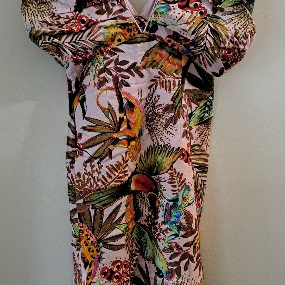 Farm Rio Maxi Dress Pink Tropical Bird Leopard Ruffle Sleeve V Neck M - Picture 13 of 14